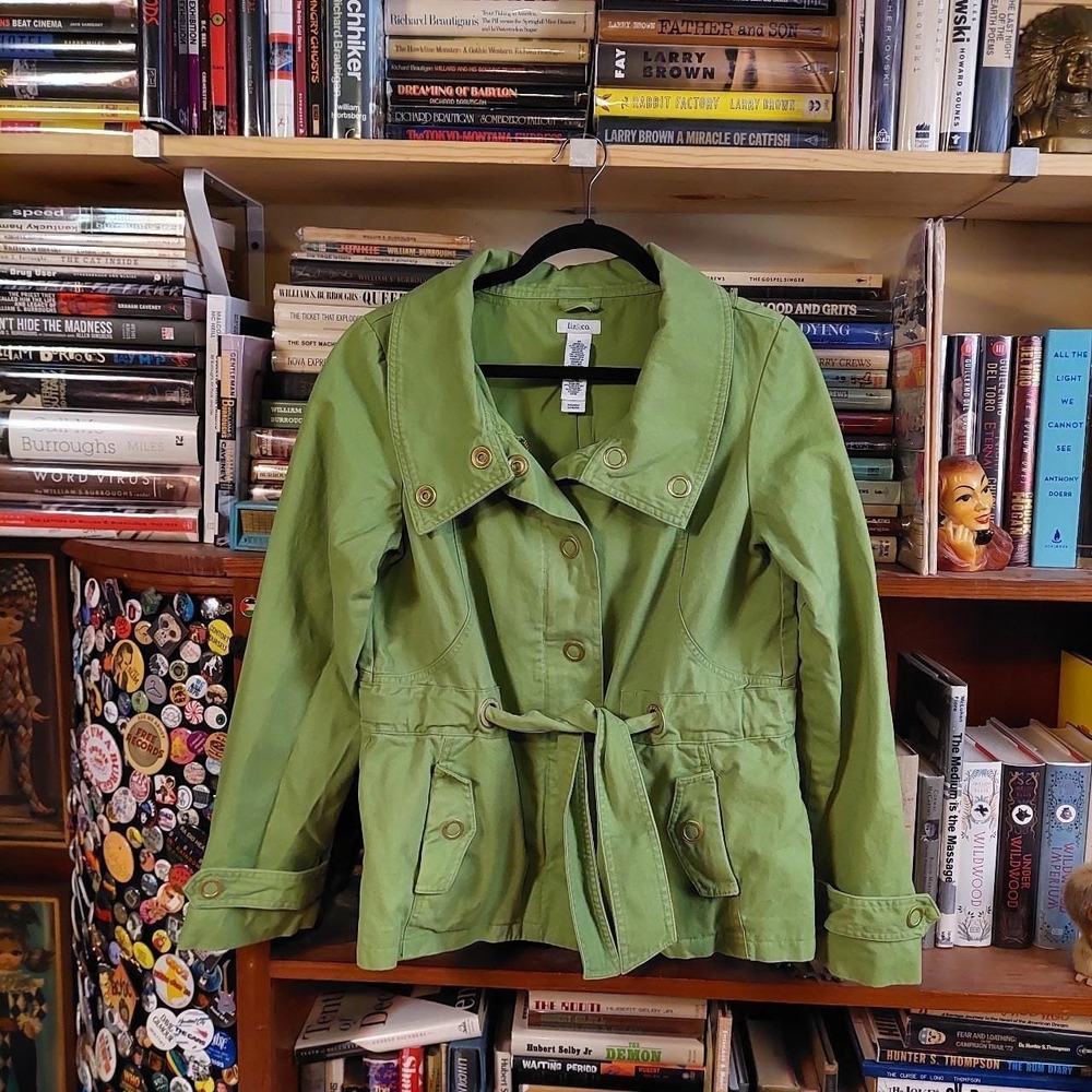Liz & Co Womens Green Y2K Utility Jacket Medium Cotton Belted Grommet Safari